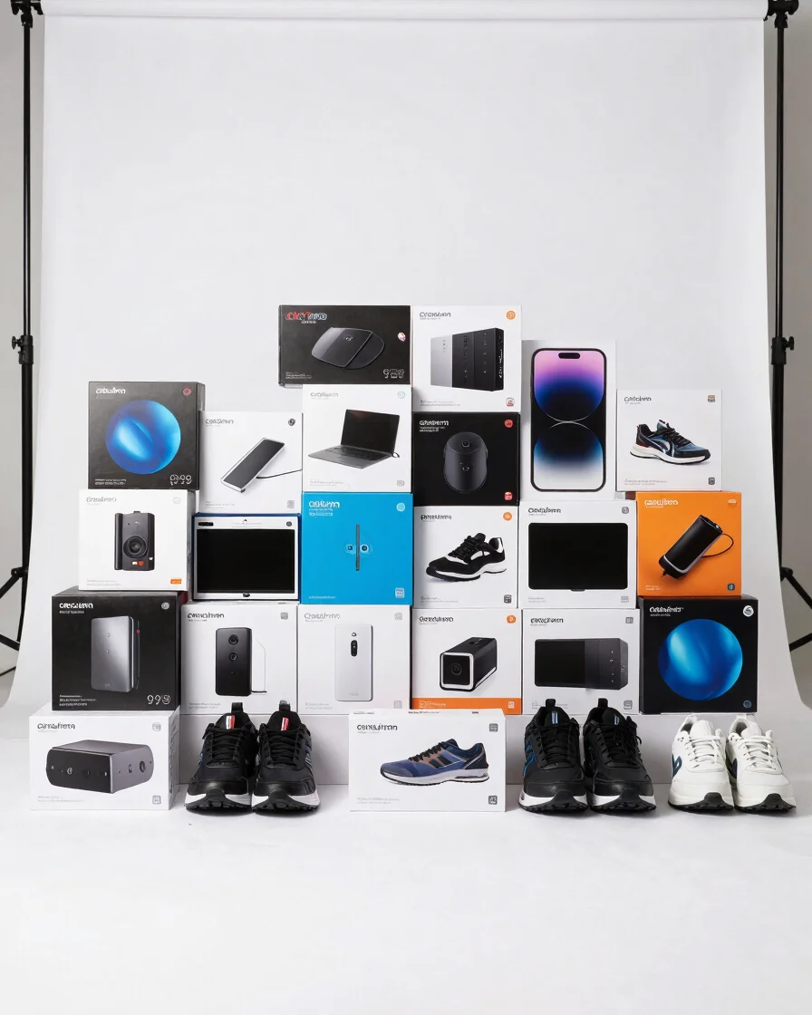 Clean commercial product photography of a neatly arranged set of boxed electronics and shoes on a white studio backdrop,