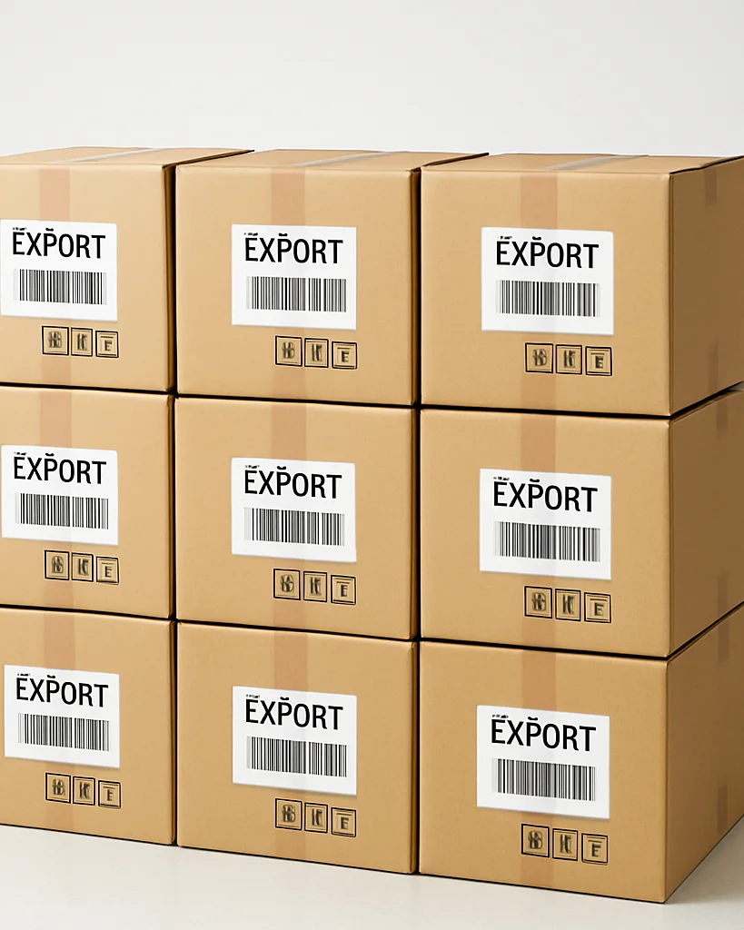 Clean commercial product photography of neatly stacked, labeled cardboard export cartons on a bright white warehouse flo