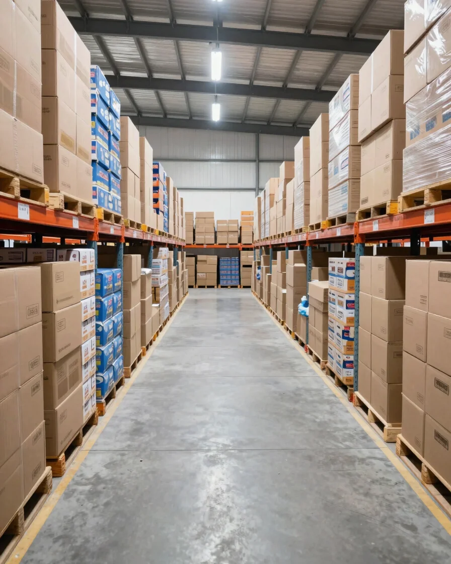 Clean commercial photograph of a bright, organized sourcing warehouse in Guzhang, China, with neatly stacked product car
