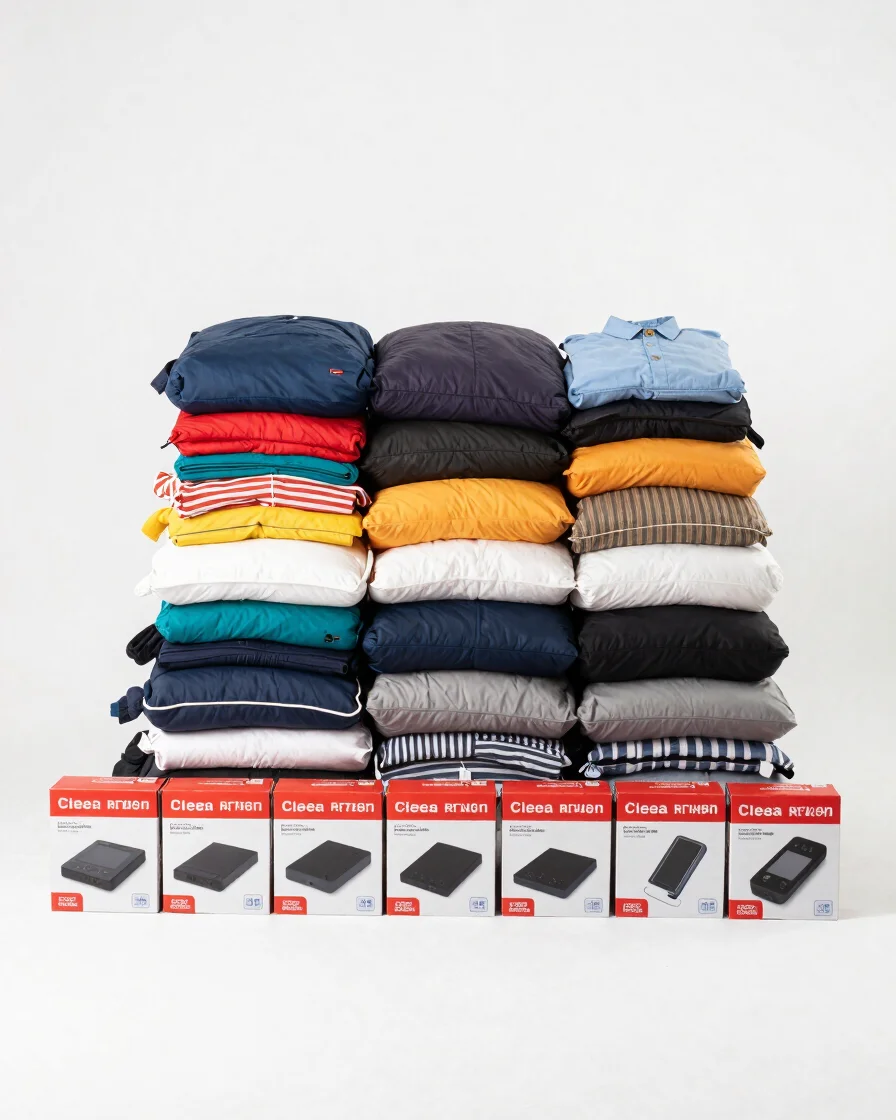Clean commercial product photography of an organized stack of graded clothing bales and a row of boxed electronics on a