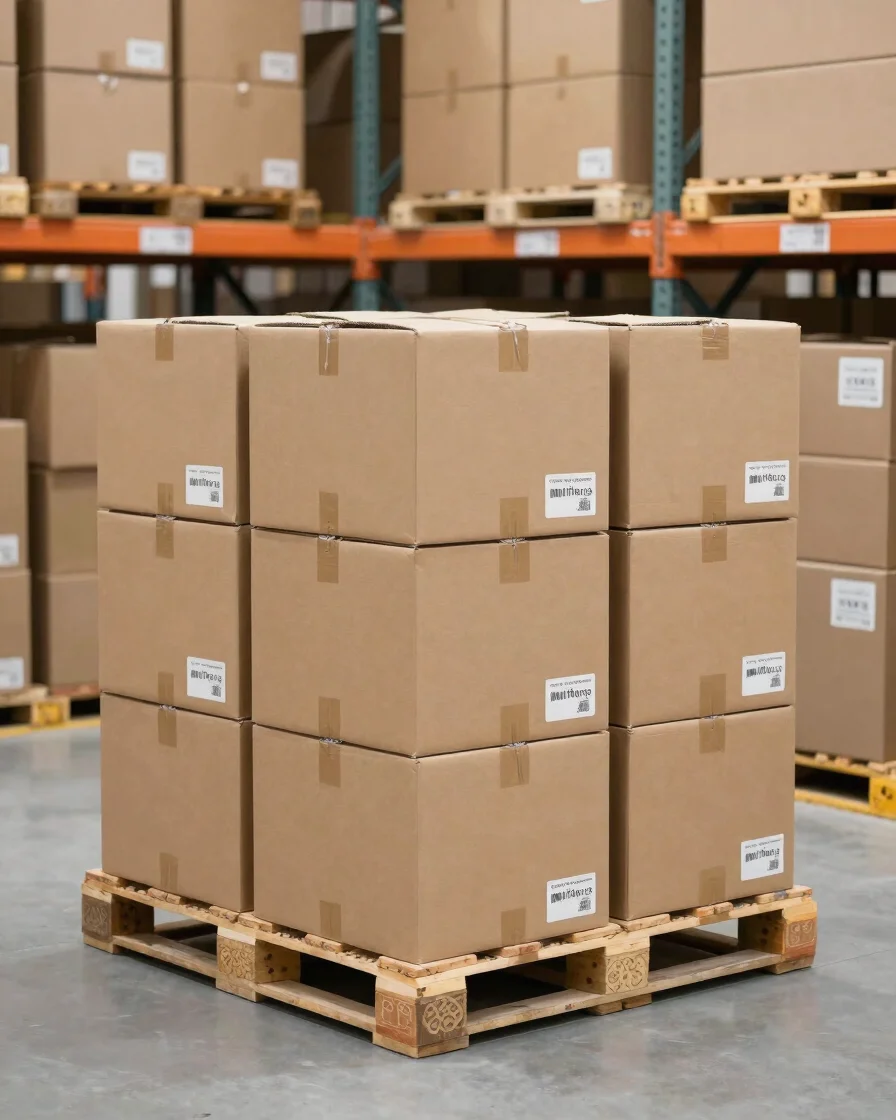 Clean warehouse interior with neatly stacked cardboard cartons an