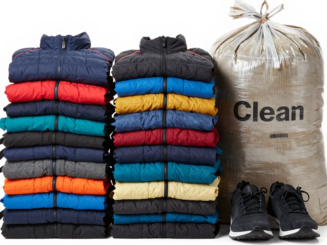 Clean product photograph of sorted jackets and shoes in a neat st