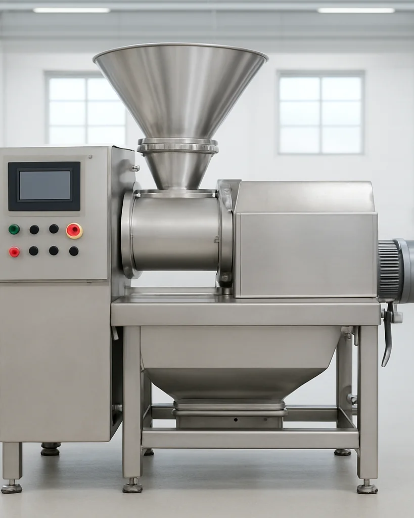 Clean commercial product photograph of an industrial agricultural processing machine in a bright factory showroom, even