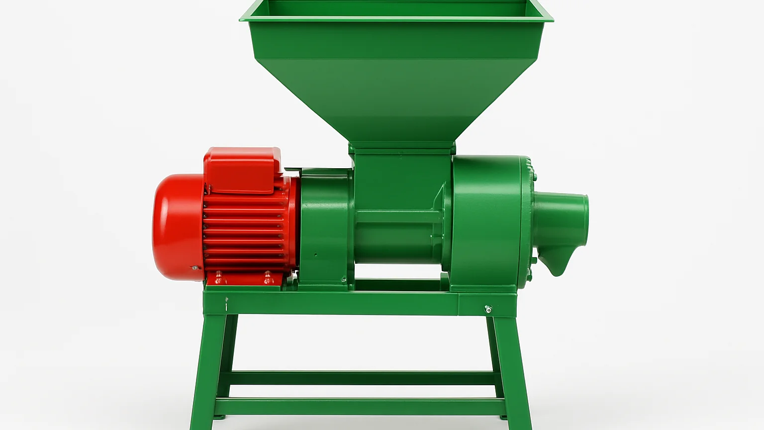 Clean product photograph of an agricultural grain processing machine, straight-on catalog framing, bright even studio li