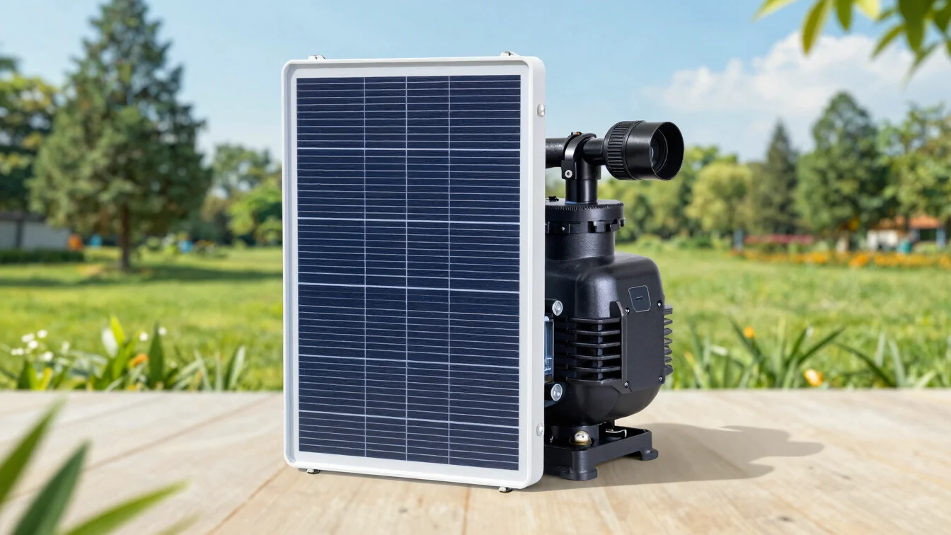 Clean product photograph of a solar water pump unit with panel connector, straight-on catalog framing, bright even studi